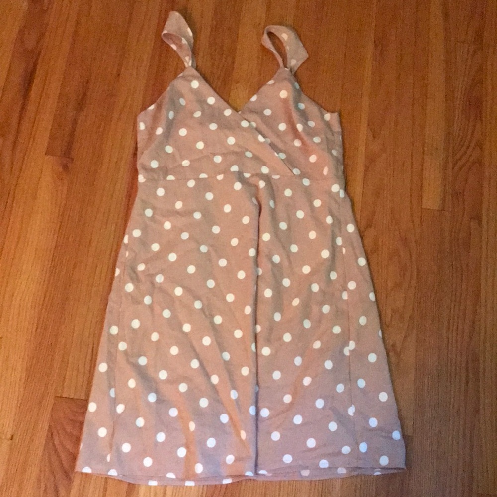 Tan and white polka dot boutique dress -Size L
